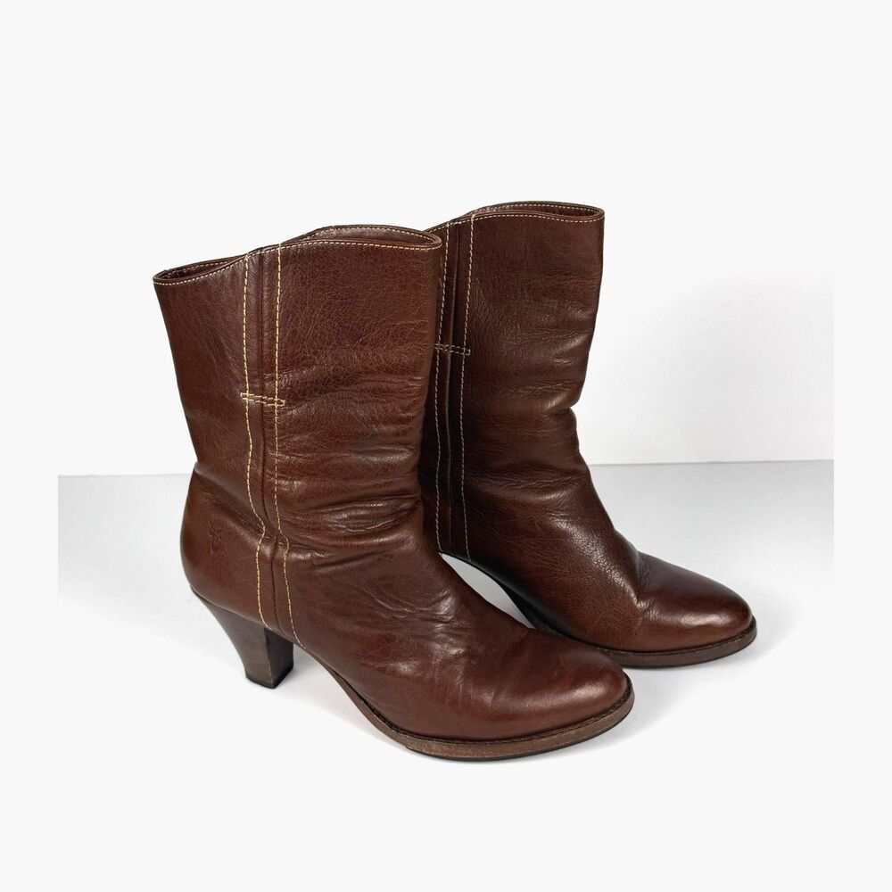 Frye Cognac Leather Mid Calf Boots Women’s 8.5 Stacked Heel Pull On